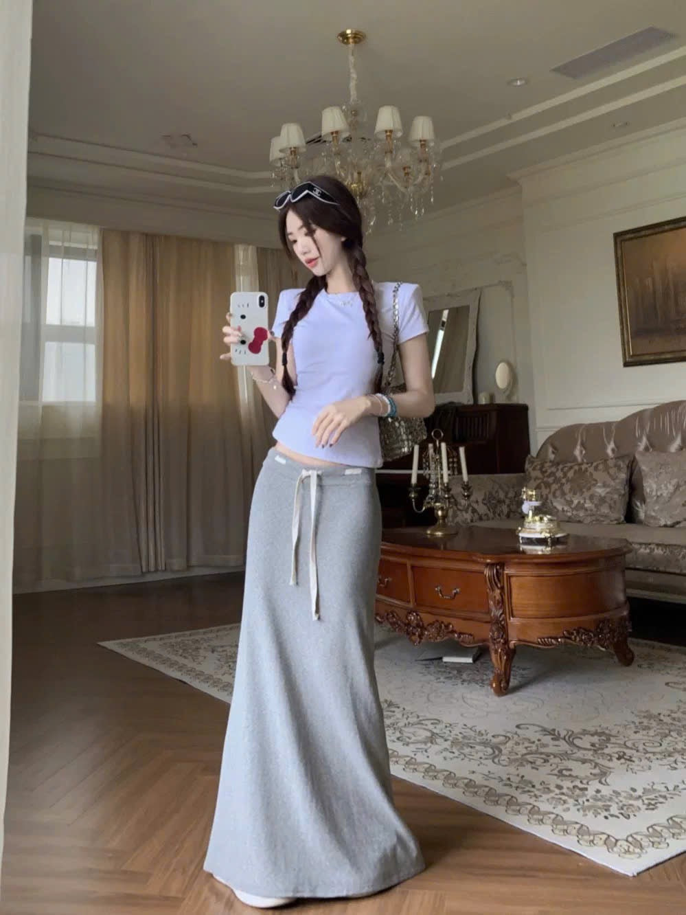 Set áo phông tay ngắn cổ tròn phối chân váy thun midi dây rút eo