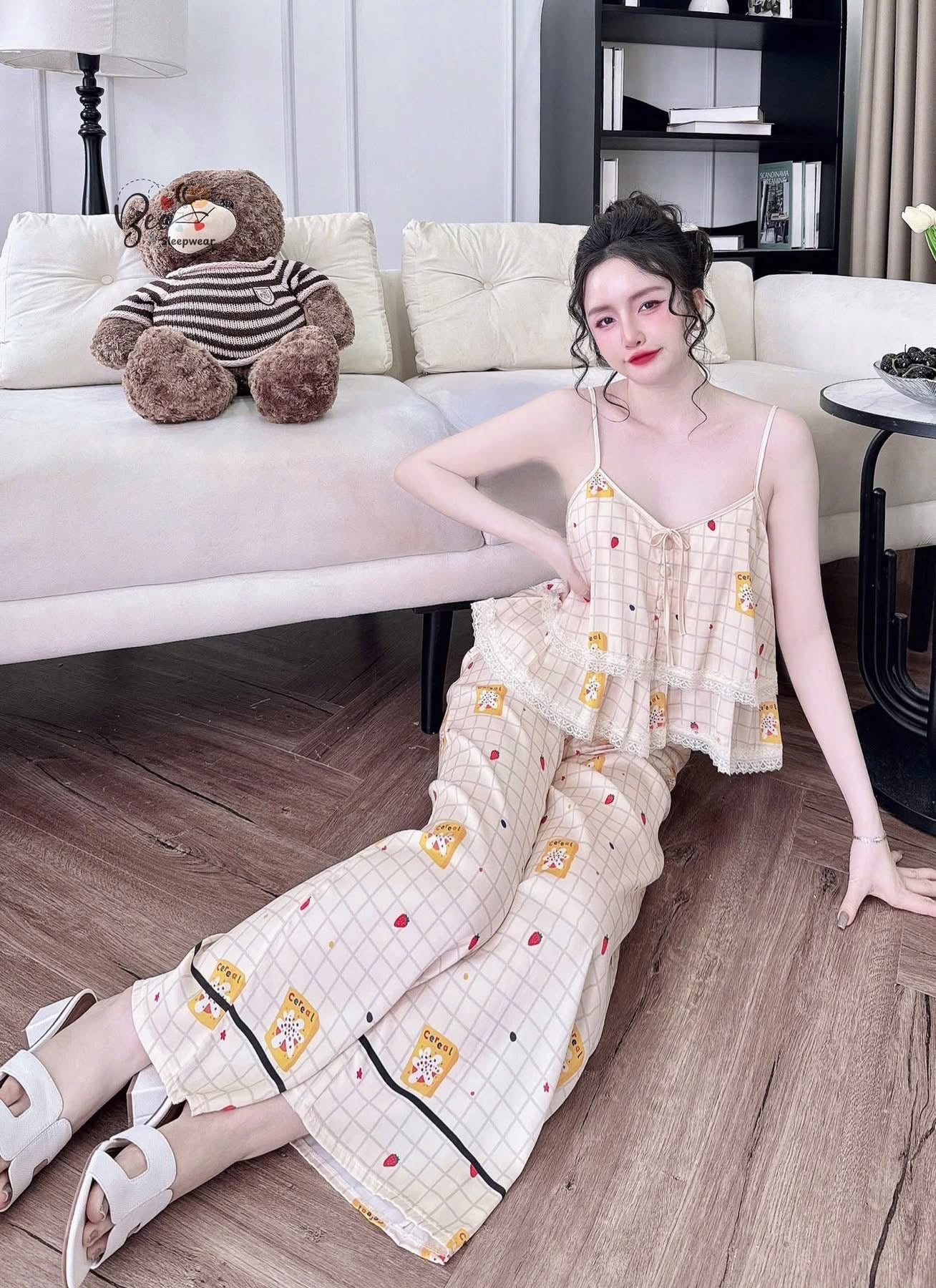 Bộ mặc nhà 2 dây quần dài lụa latin