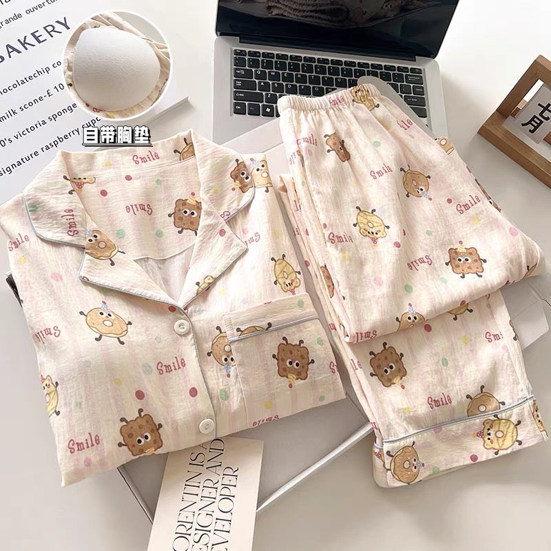 Pijama dài gấu và lá có mút ngực