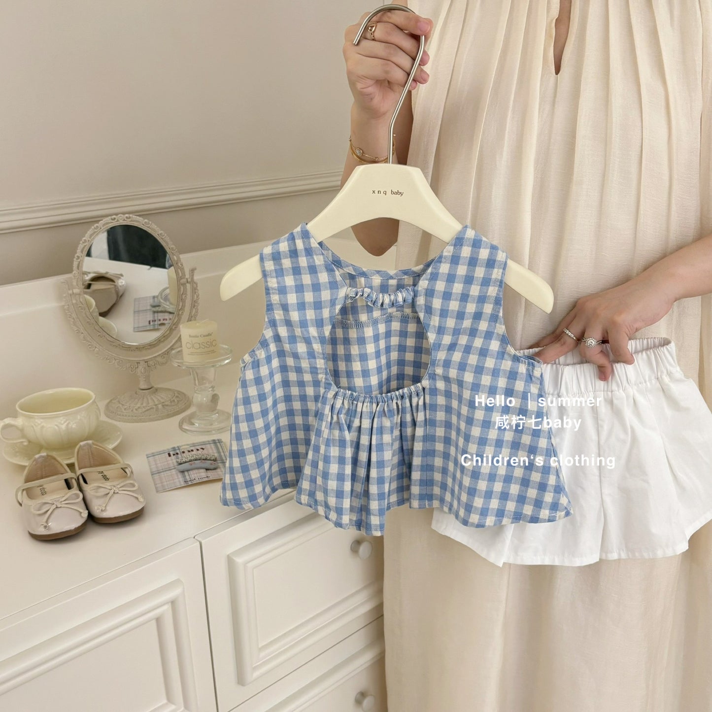 Set babydoll caro xanh quần short trắng