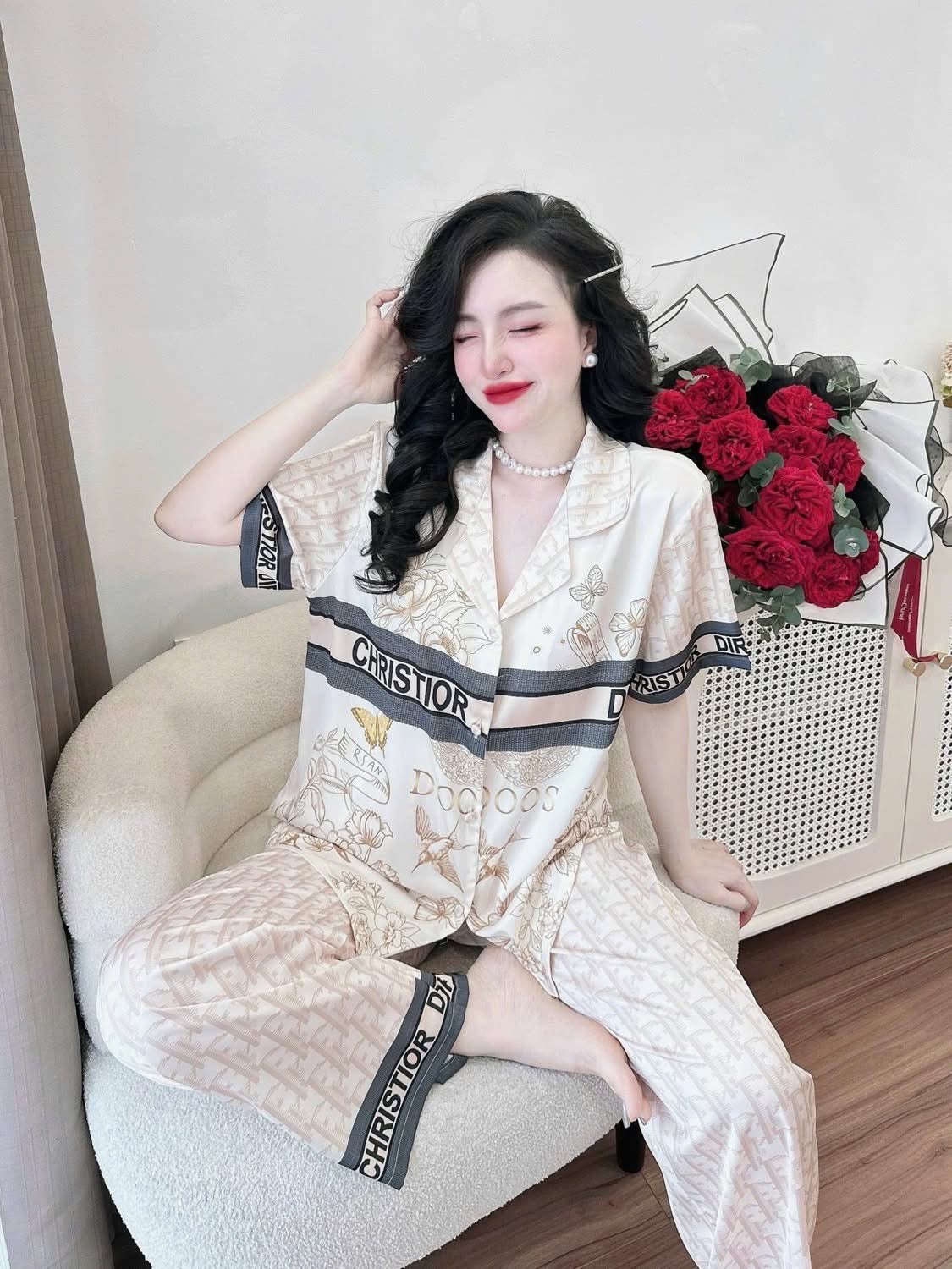 Pijama lụa latin tay ngắn quần dài