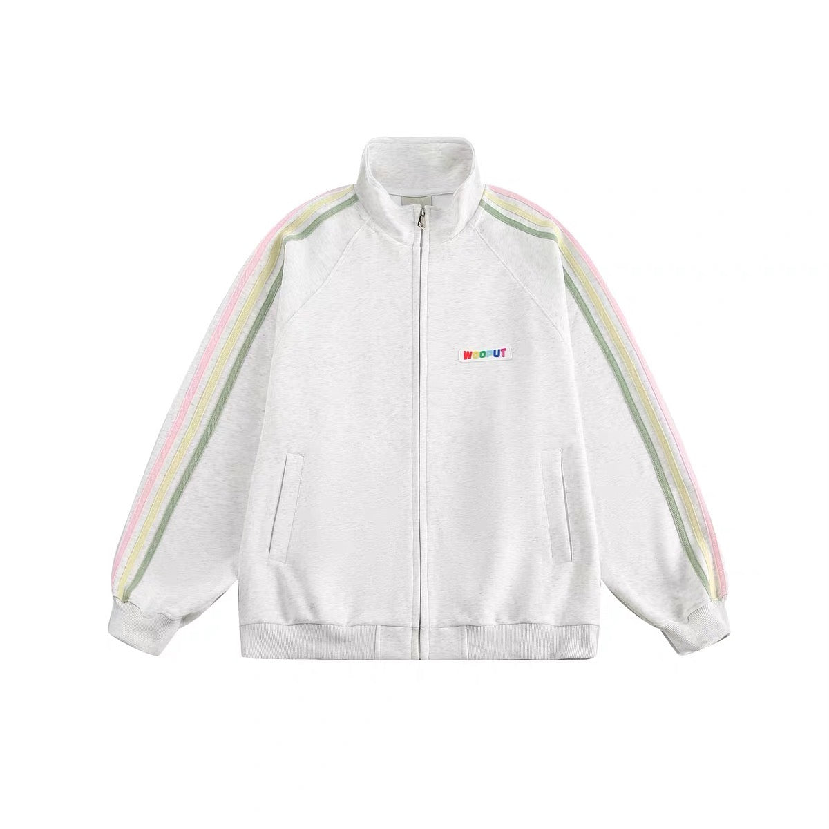 Áo khoác jacket cổ đứng sọc xanh hồng vàng