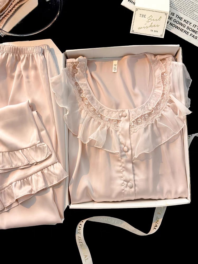 Pijama dài lụa hồng bo chun viền bèo