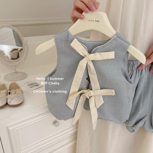 Bộ đùi sát nách nơ xanh cho bé gái