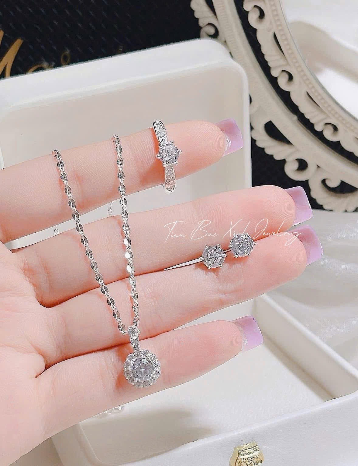 Bộ trang sức bạc nhẫn - dây chuyền - khuyên tai