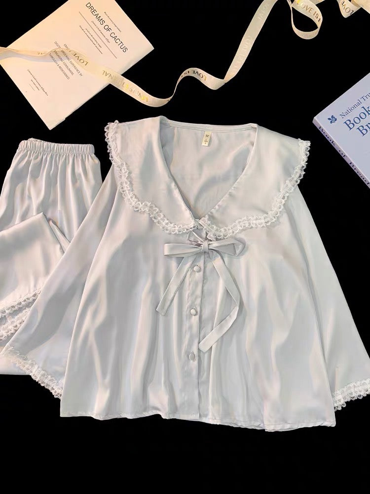 Pijama dài xanh pastel cột nơ