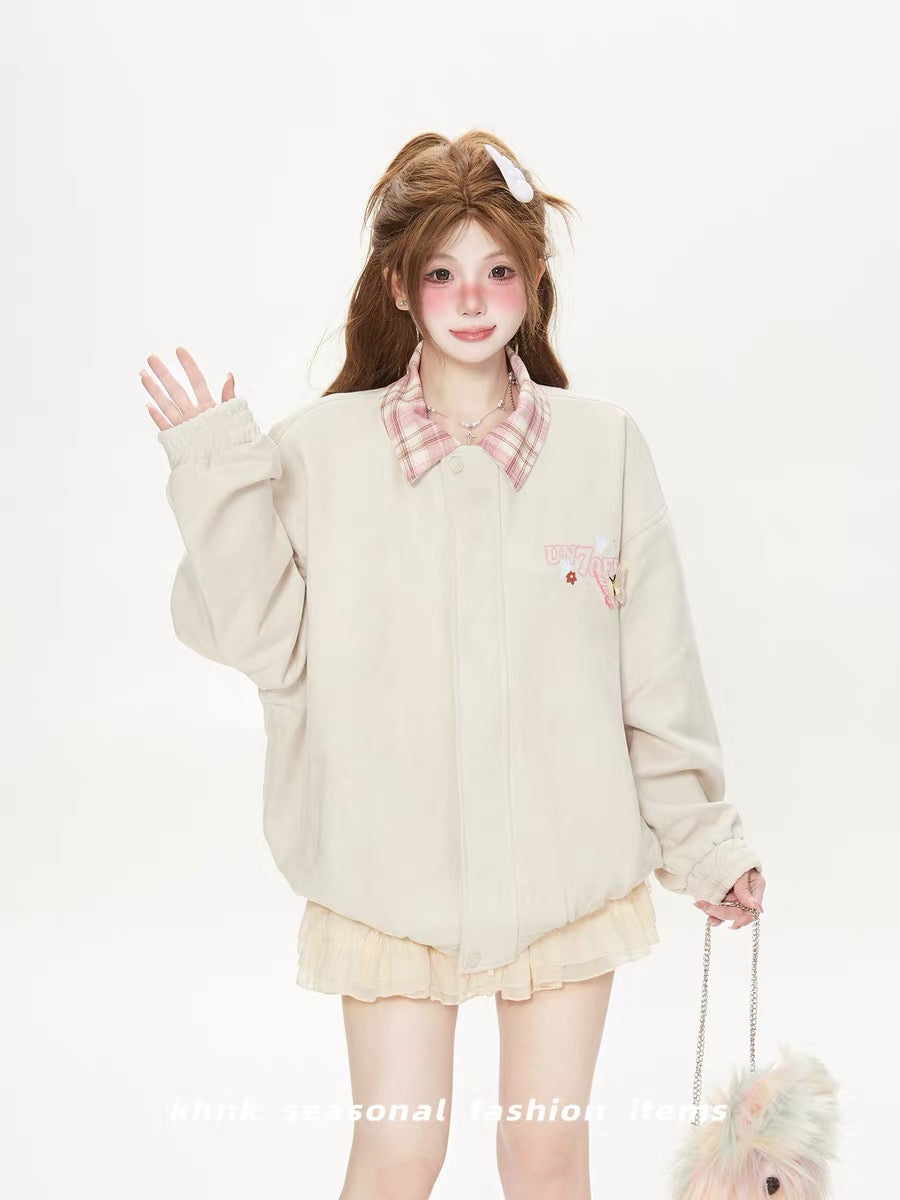 Áo khoác jacket cổ caro hồng