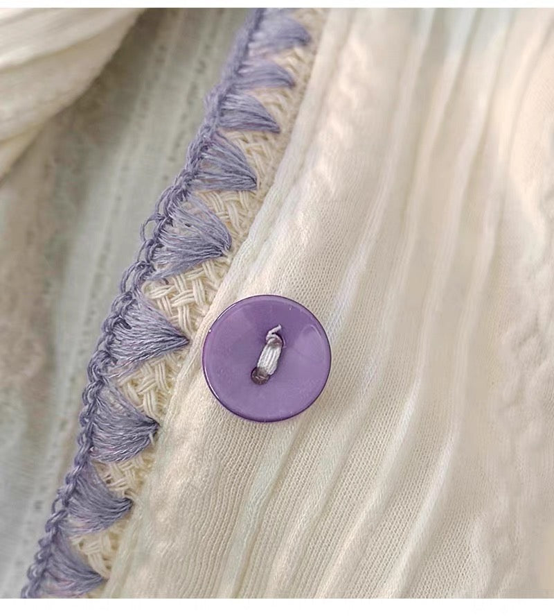 Bộ pijama dài cotton áo trắng quần tím khoai môn
