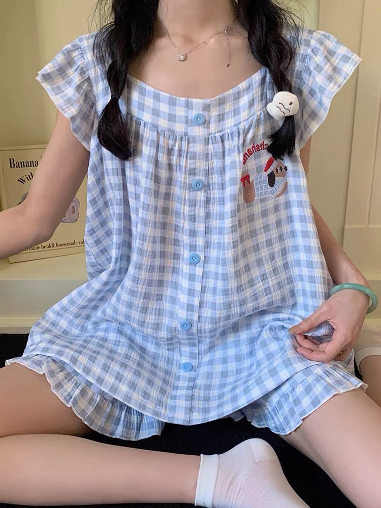 Bộ ngủ đùi caro tím viền bèo
