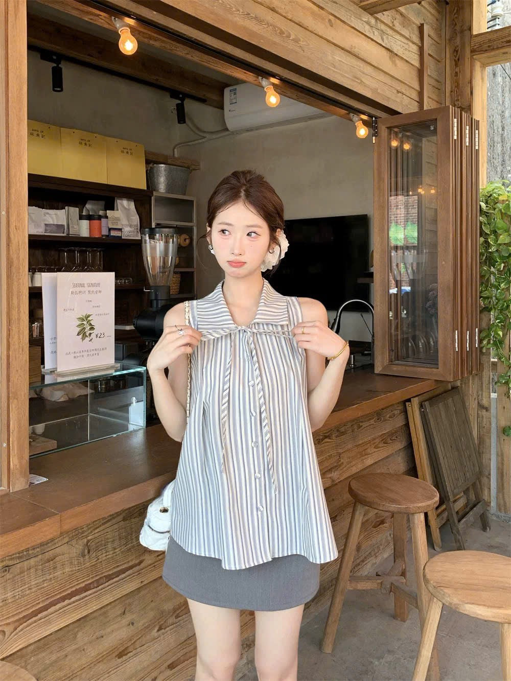 Áo babydoll kẻ sọc cổ sơ mi cột nơ