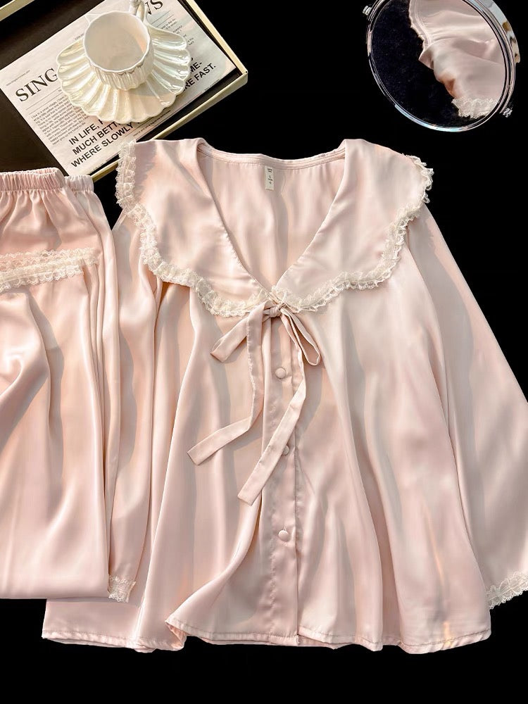 Pijama dài hồng cột nơ tiểu thư