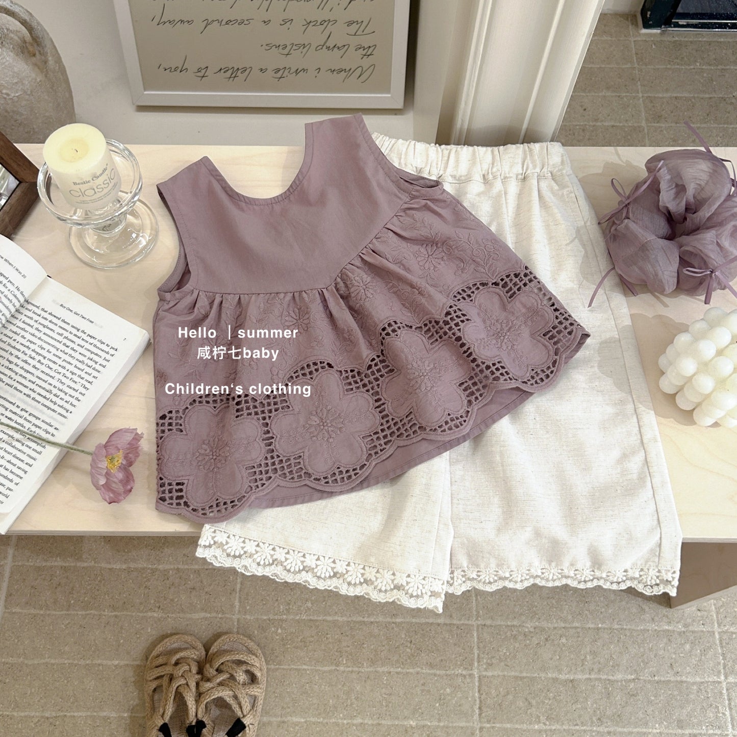 Set babydoll tím quần trắng cho bé
