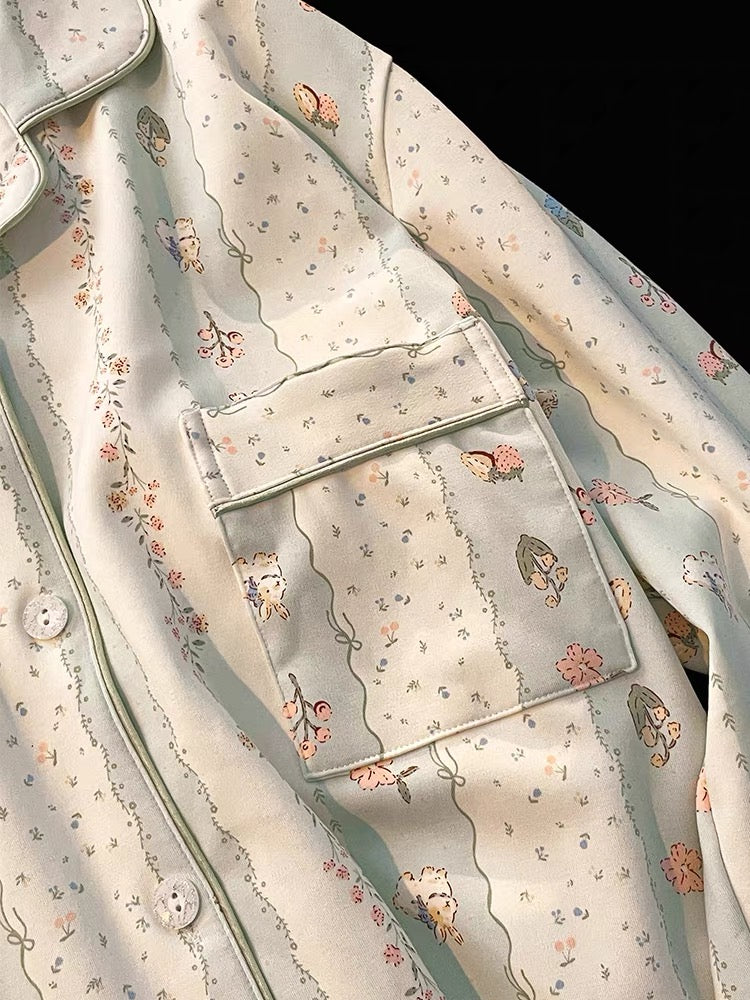 Pijama dài cotton sọc xanh thỏ hoa