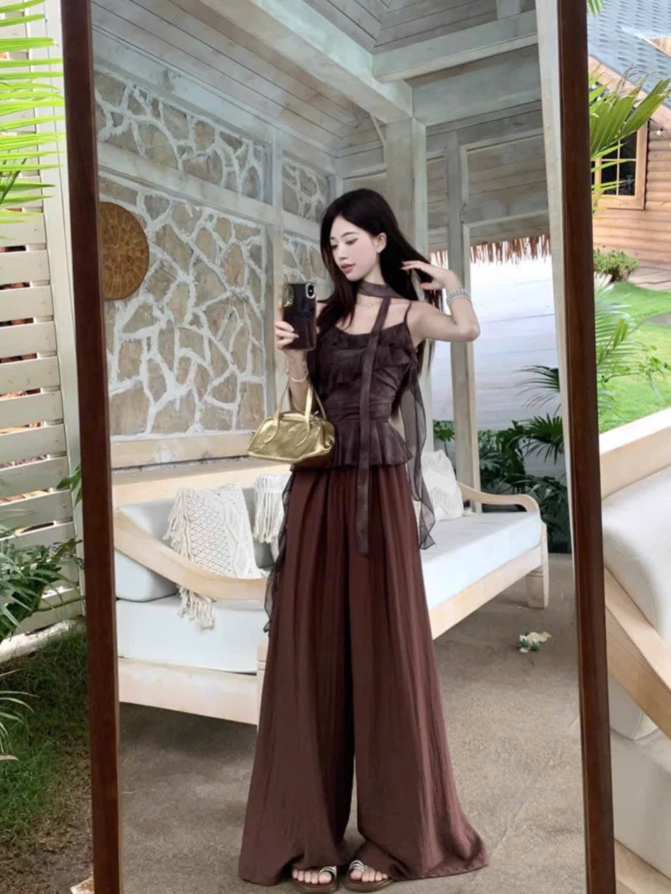 Set áo 2 dây viền bèo + quần ống rộng mềm mại