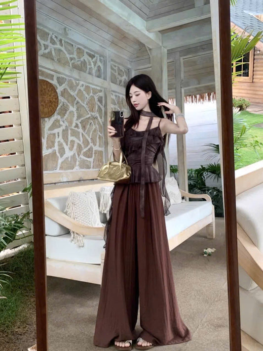 Set áo 2 dây viền bèo + quần ống rộng mềm mại