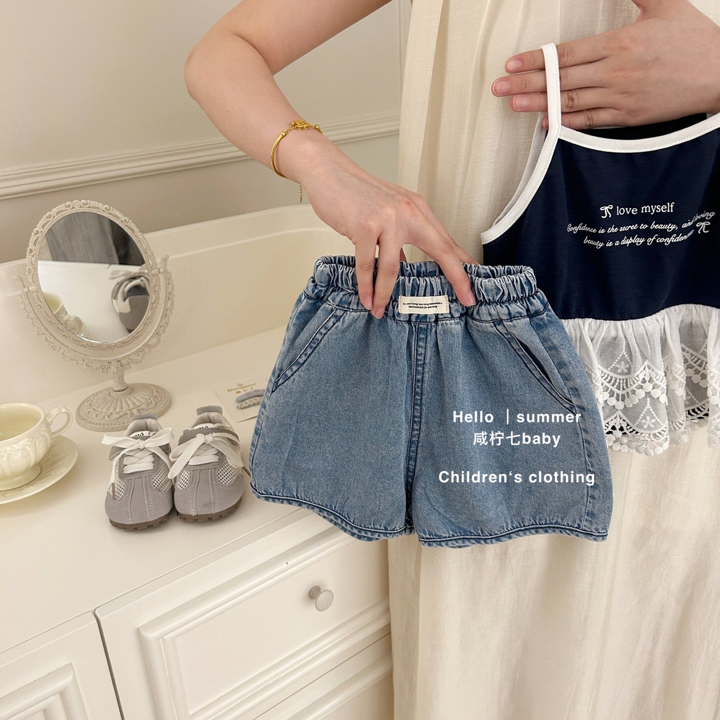 Set 2 dây phối ren quần đùi denim bé gái