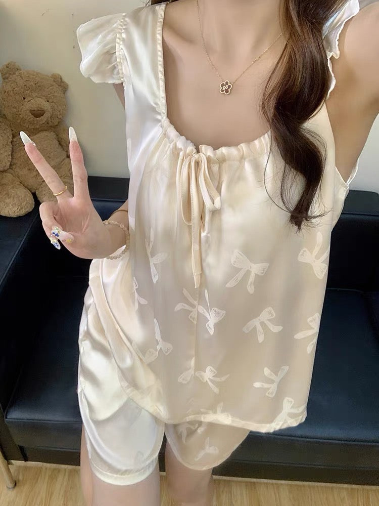 Bộ ngủ lụa 2 dây cánh tiên nơ