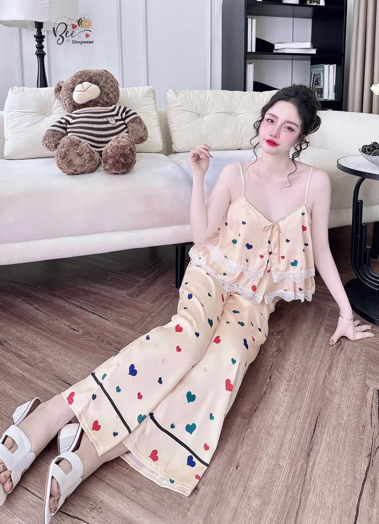 Bộ mặc nhà 2 dây quần dài lụa latin