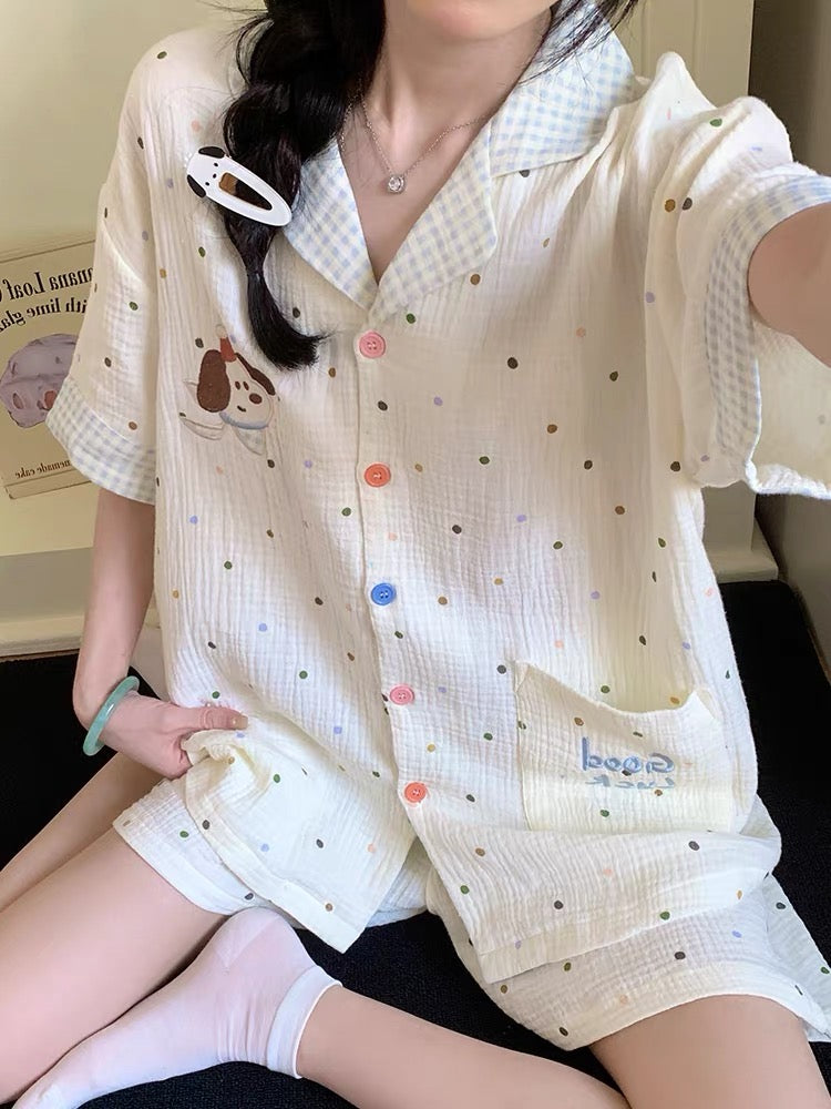 Pijama ngắn chấm bi hình cún Good Luck