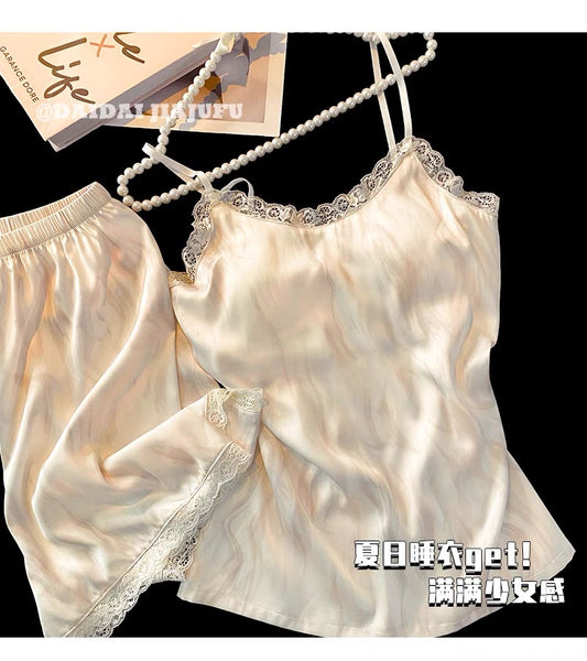 Bộ ngủ lụa 2 dây ren có mút lót