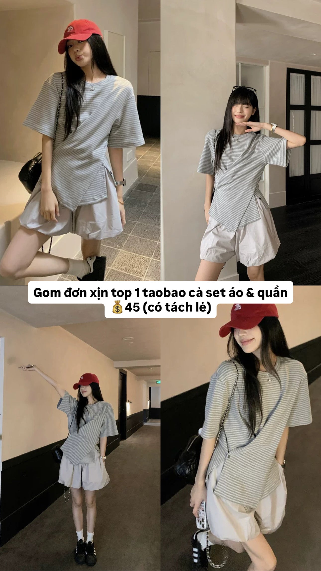 Áo thun kẻ sọc xẻ tà và quần đùi ống rộng (có tách lẻ)