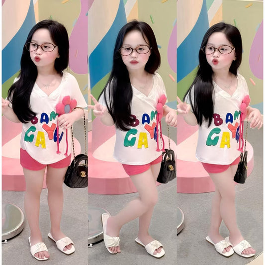 Set áo phông cổ tim quần legging cho bé gái
