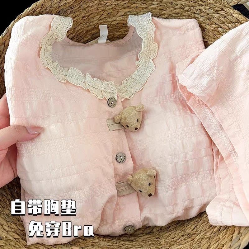 Bộ ngủ đùi nút gấu bông có mút lót