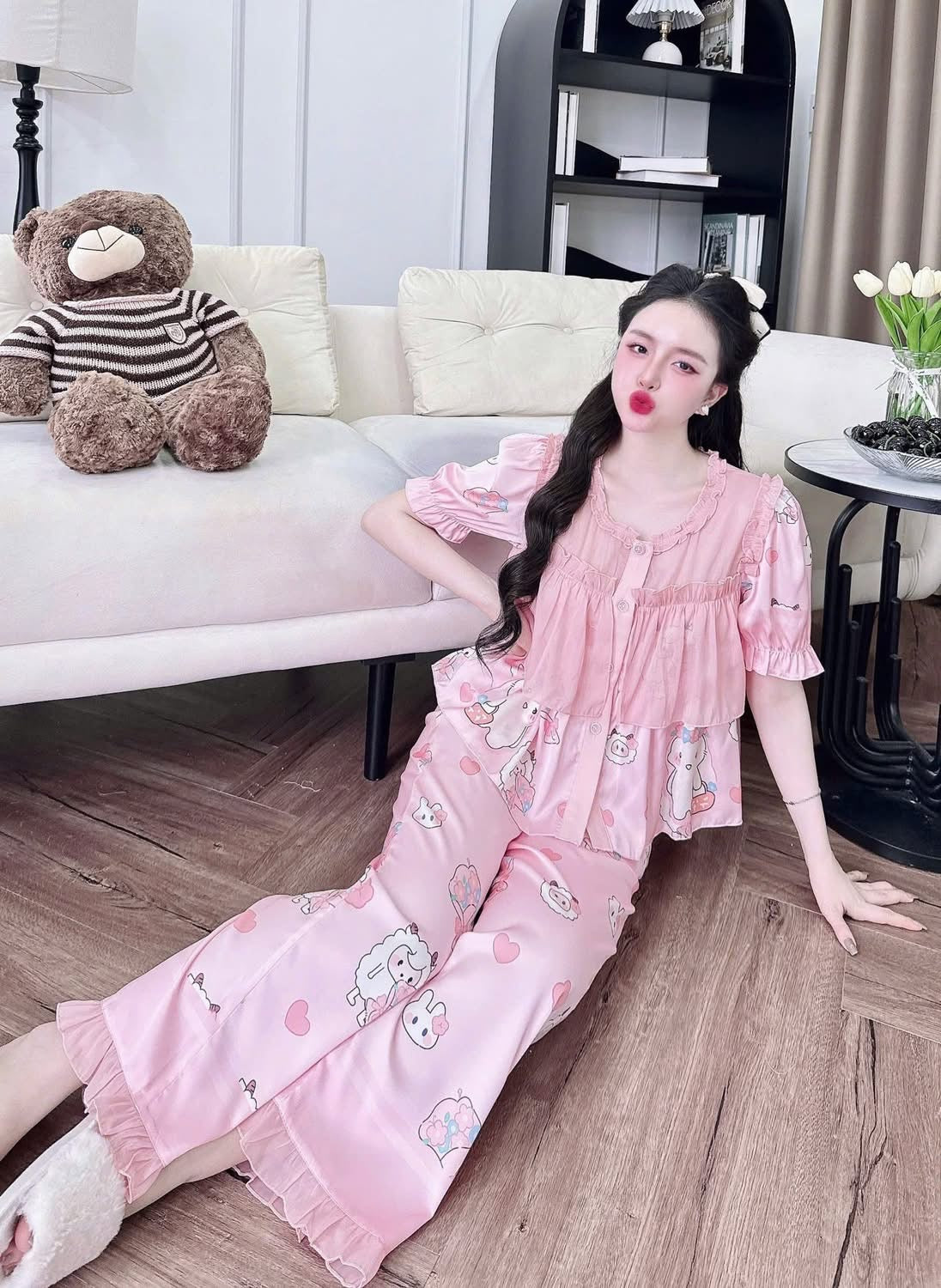 Bộ tay ngắn quần dài tiểu thư phối voán