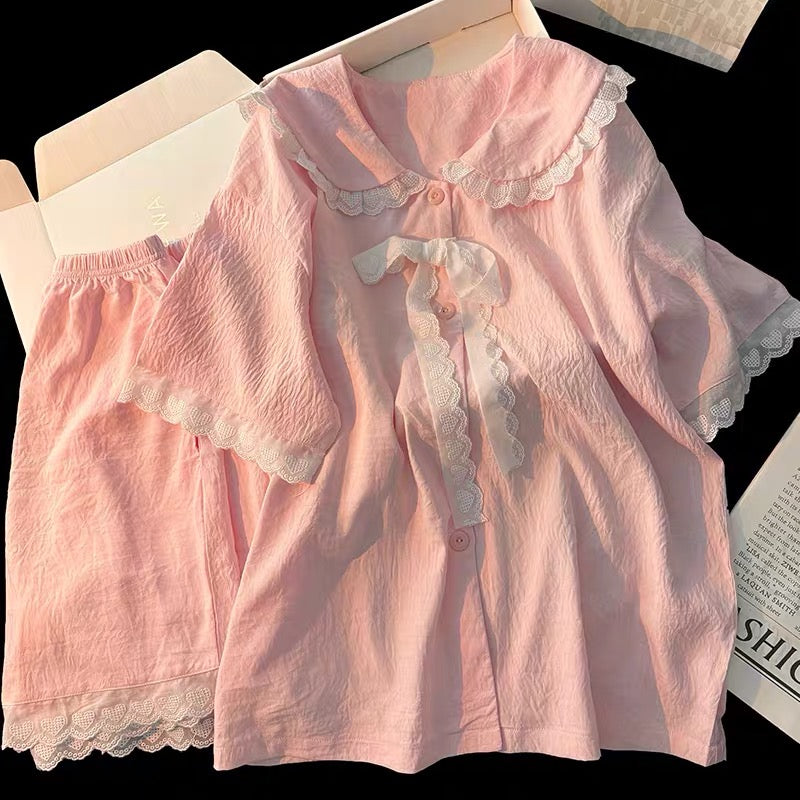 Bộ ngủ cotton ren nơ trẻ trung