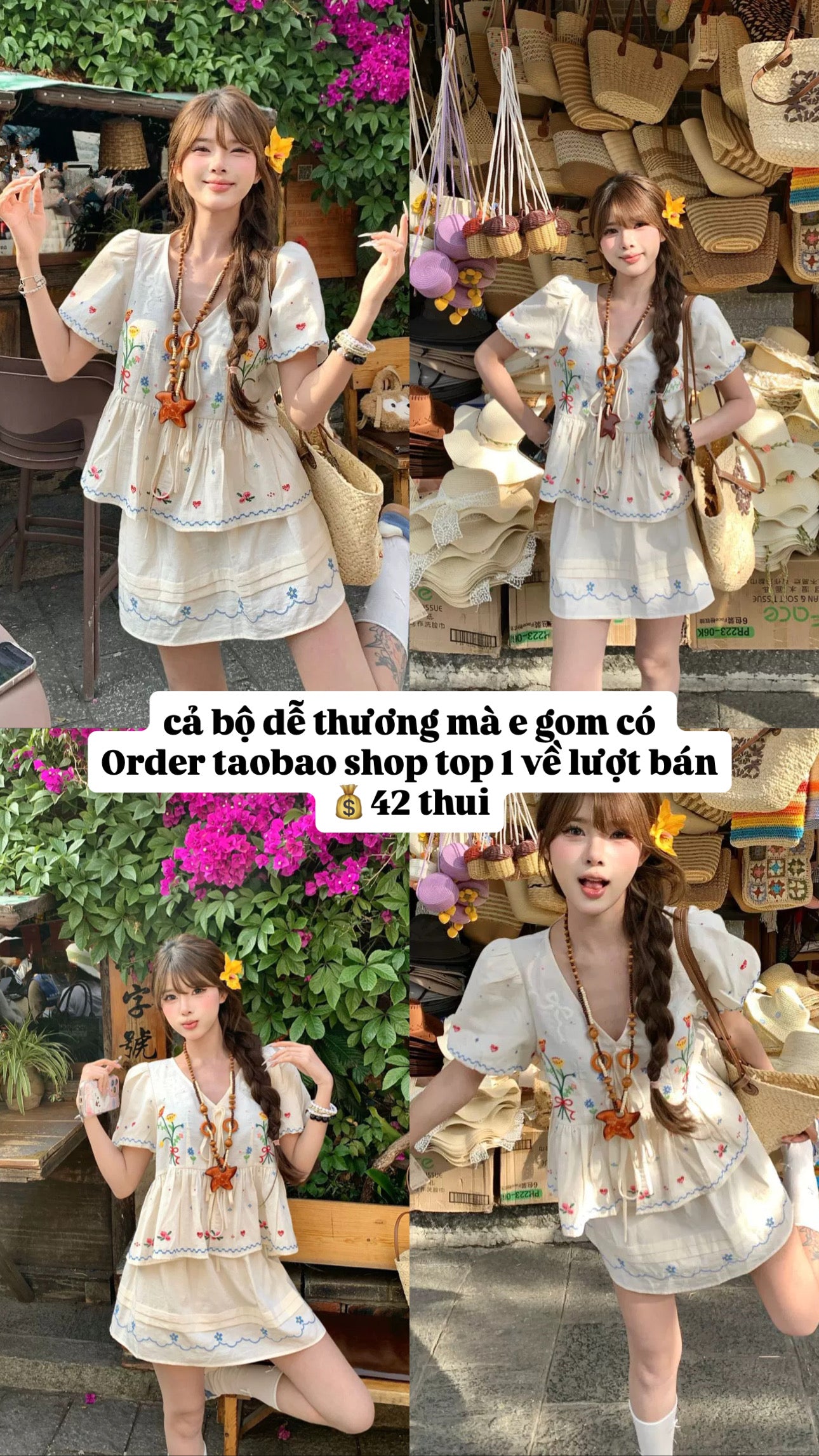 Set áo babydoll chân váy thêu hoa