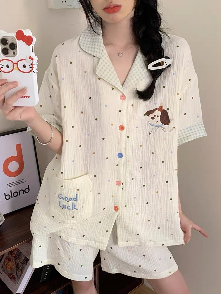 Pijama ngắn chấm bi hình cún Good Luck