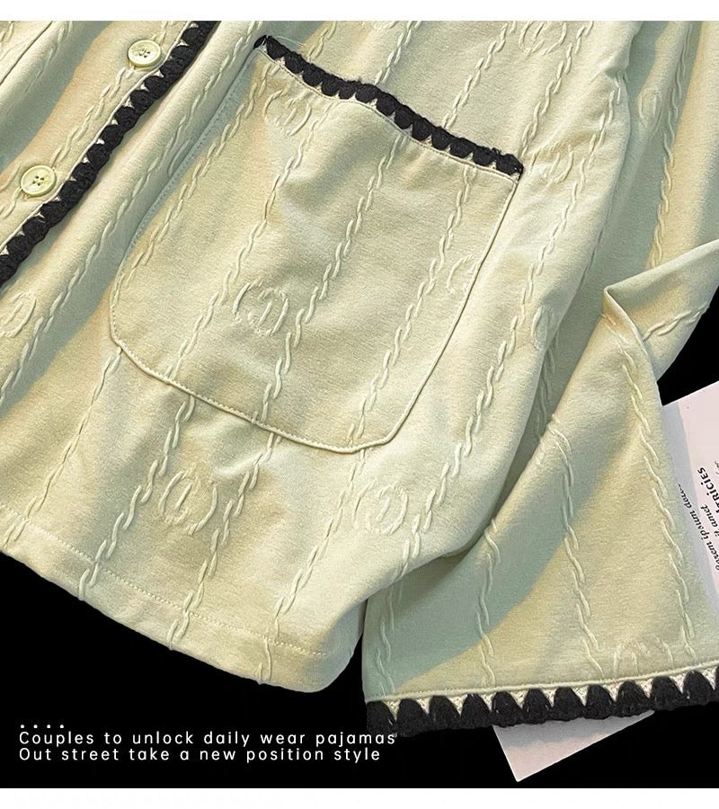 Pijama dài cotton xanh lá viền đen