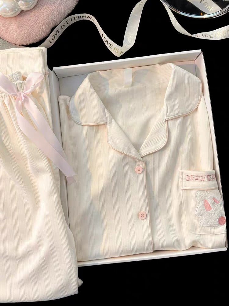 Pijama dài cotton màu kem hình thỏ