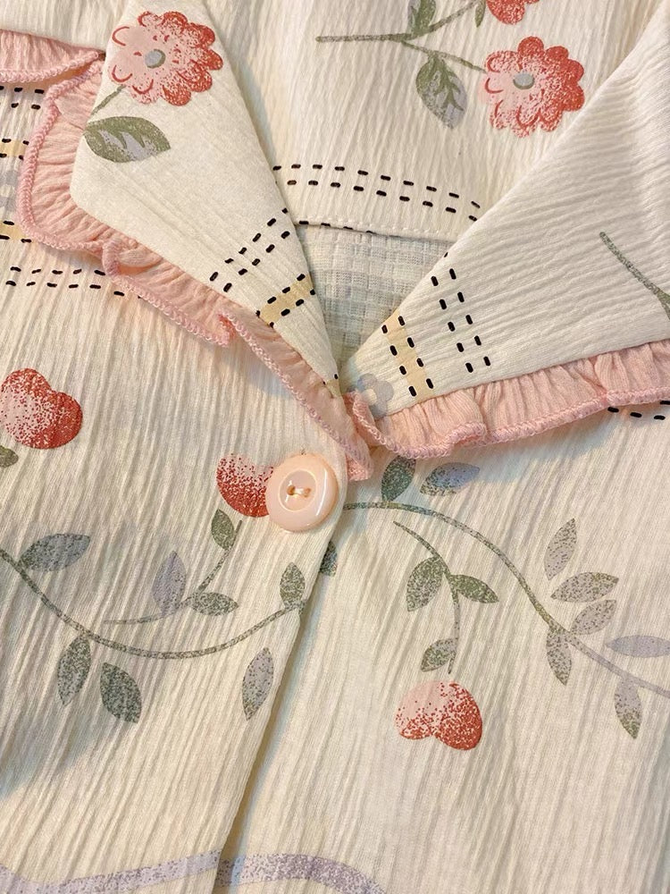 Pijama ngắn cotton hồng hoạ tiết hoa