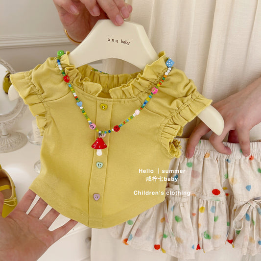 Set áo viền bèo chân váy chấm bi cho bé gái