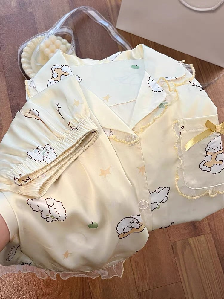 Pijama ngắn phối voan vàng pastel hình cún