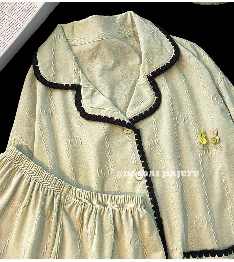 Pijama dài cotton xanh lá viền đen