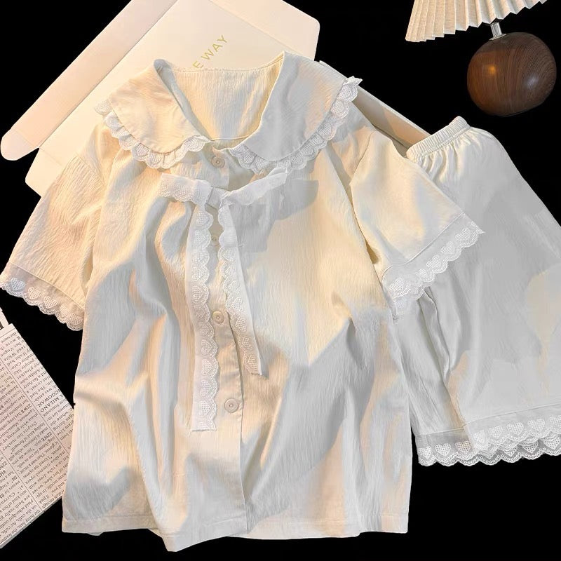 Bộ ngủ cotton ren nơ trẻ trung