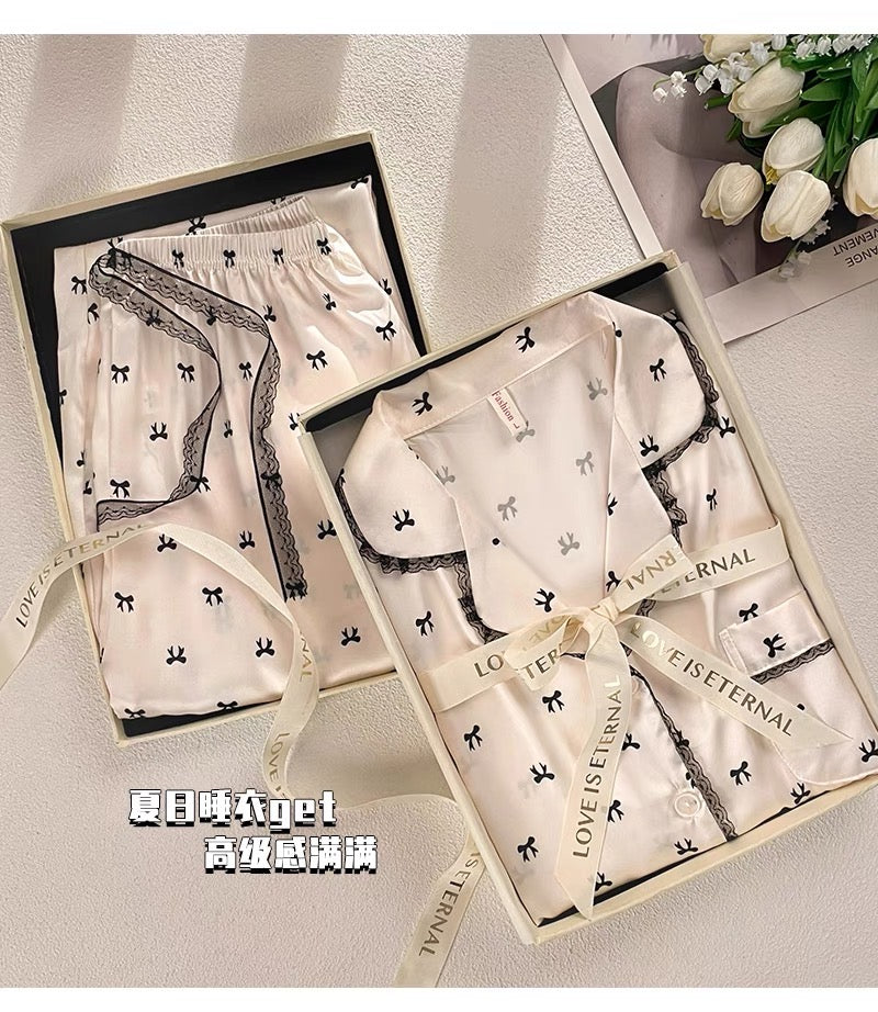 Pijama be nơ viền ren đen dài ngắn