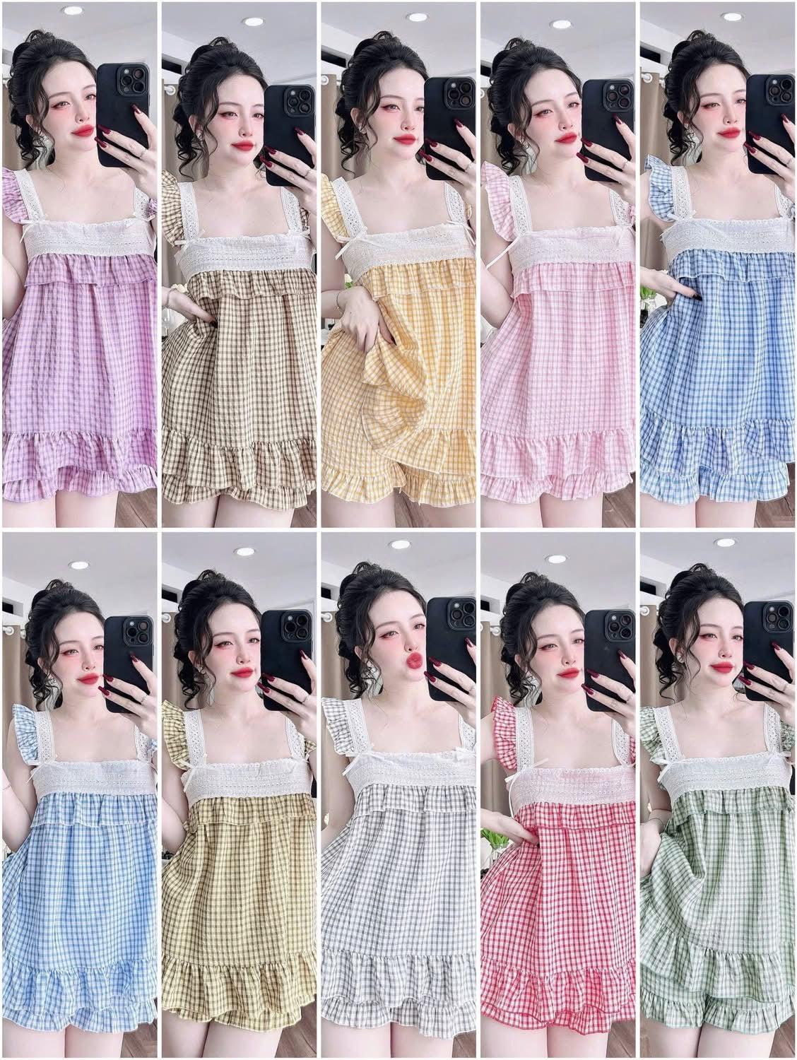 Bộ ngủ đùi caro phối ren tiểu thư