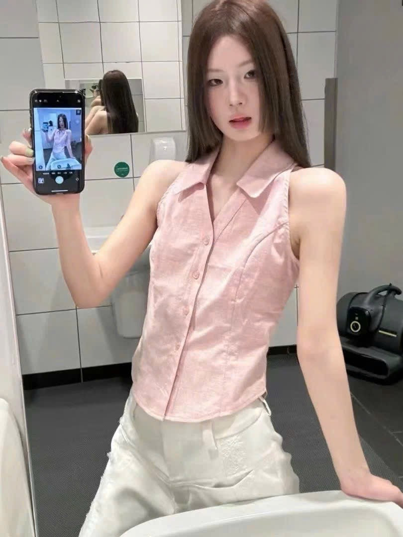Áo sơ mi cổ yếm màu hồng ngọt ngào