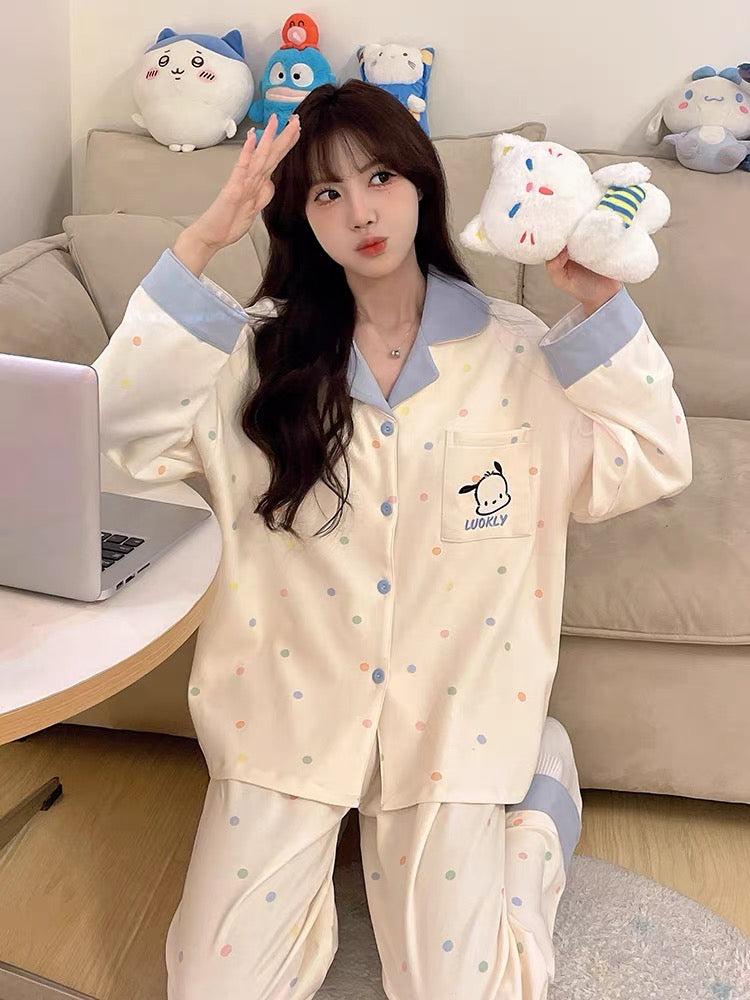 Pijama dài chấm bi viền xanh dương
