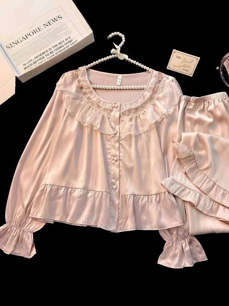 Pijama dài lụa hồng bo chun viền bèo