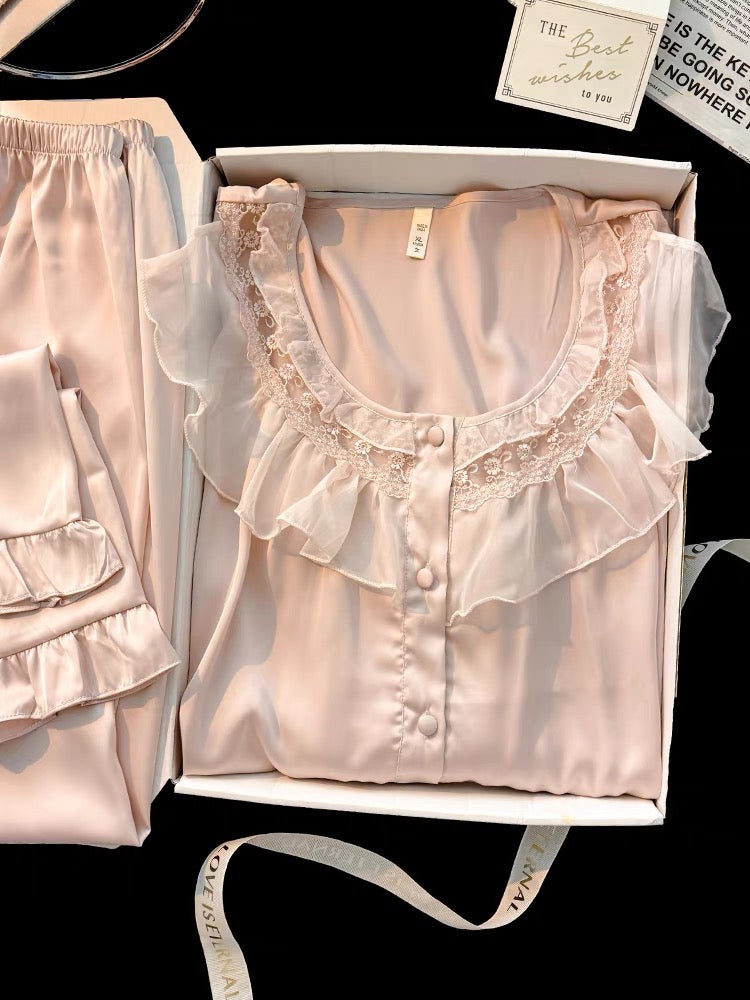 Pijama dài lụa hồng bo chun viền bèo