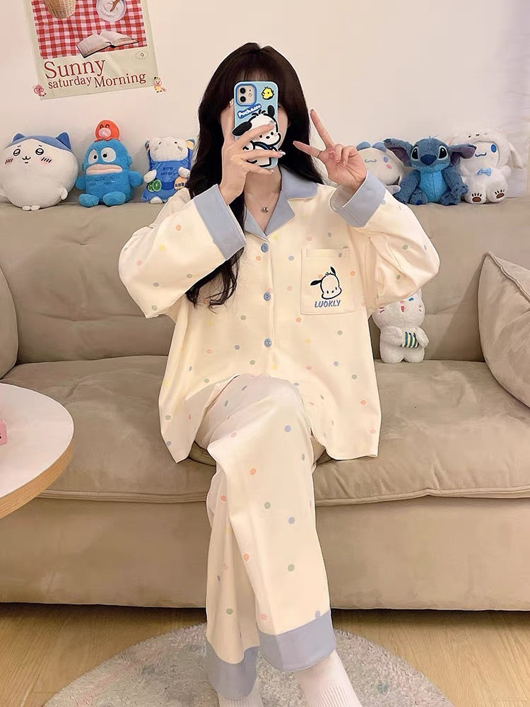 Pijama dài chấm bi viền xanh dương