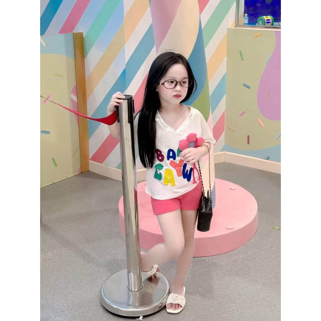 Set áo phông cổ tim quần legging cho bé gái