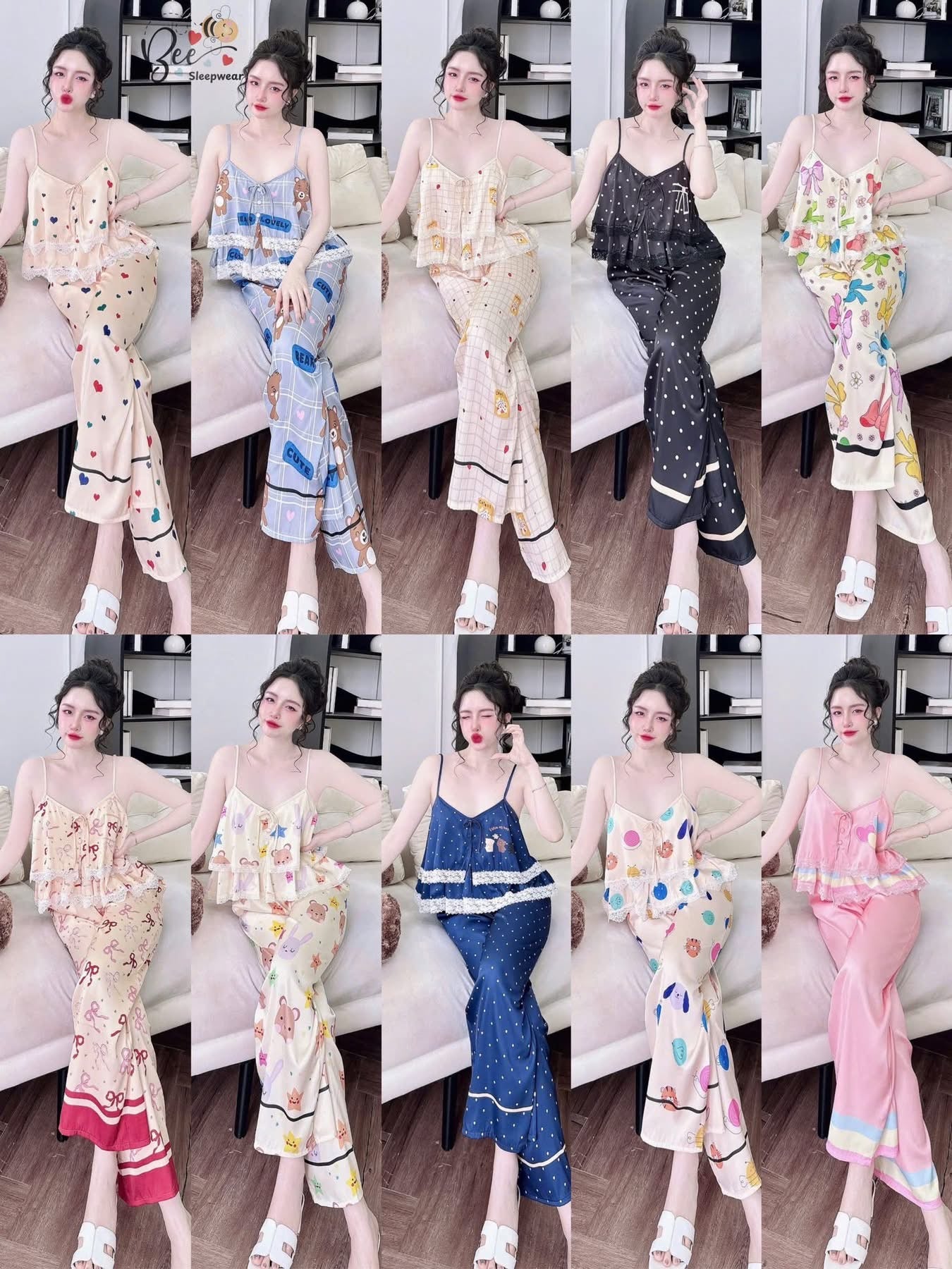 Bộ mặc nhà 2 dây quần dài lụa latin