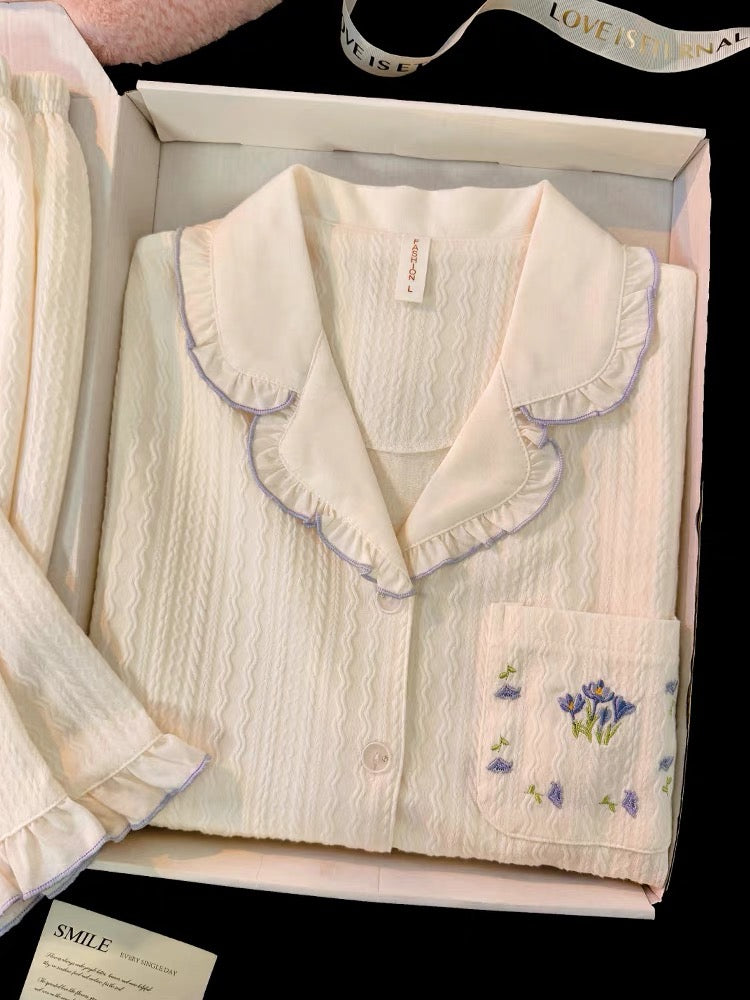 Pijama cotton dài viền tím dịu dàng