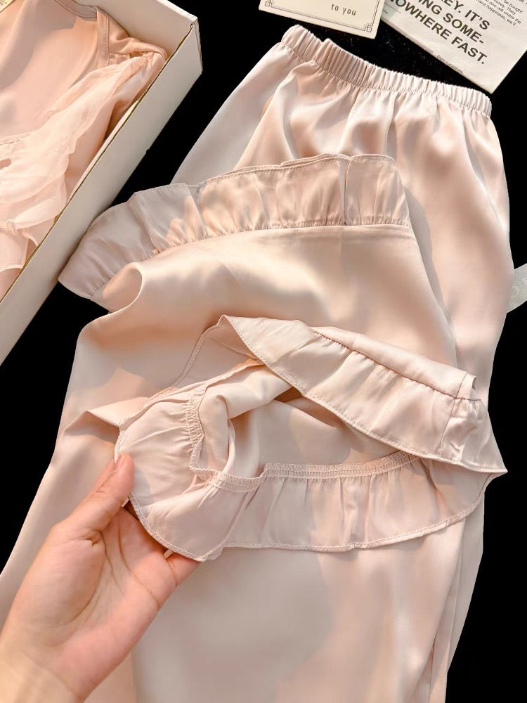 Pijama dài lụa hồng bo chun viền bèo