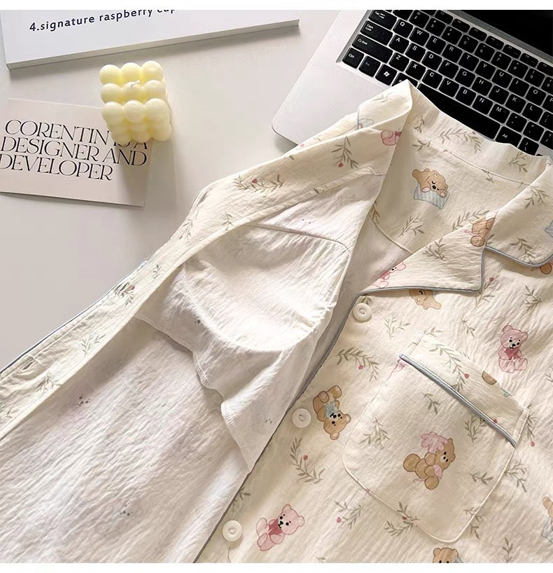 Pijama dài gấu và lá có mút ngực